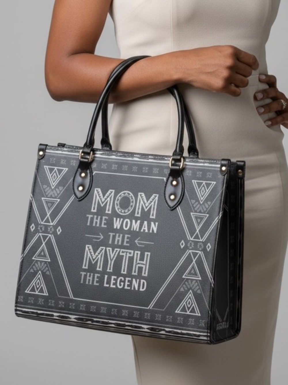 Afroyla Mamalore Handbag Mom Myth Legend  Graphic Tote Bag - Black Vegan Leather